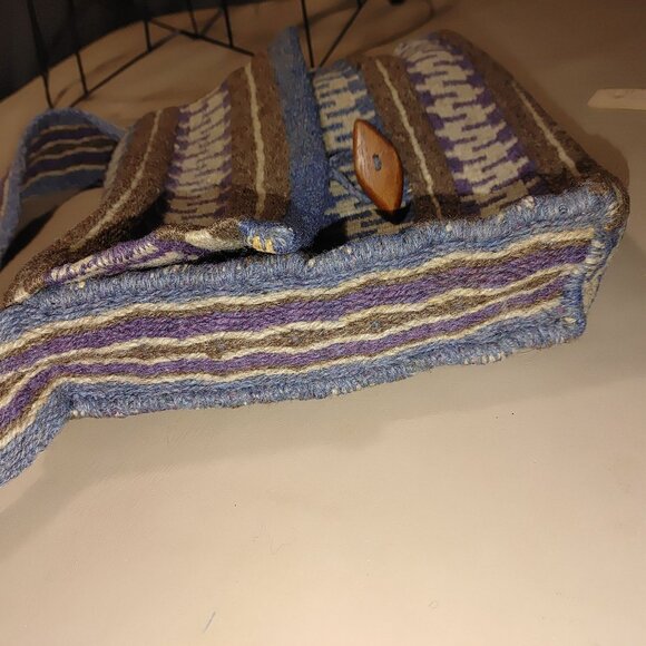 Handwoven Wool Shoulder Bag Blue White Brown Stripes Wood Button Closure Vintage - Picture 3 of 9